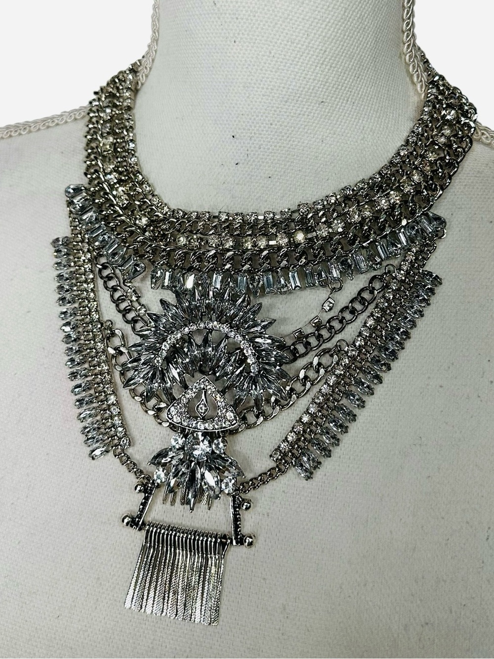 Silver Metal & Rhinestone Statement Necklace / Adjustable length 17” / Goth Glam